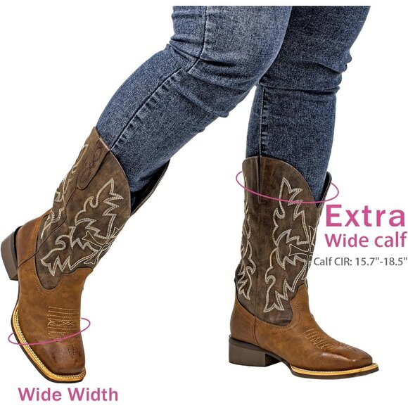 ⚡Women's Brown Extra Wide Calf Cowboy Boots Square Toe & Classic Stitching - Picture 2 of 7